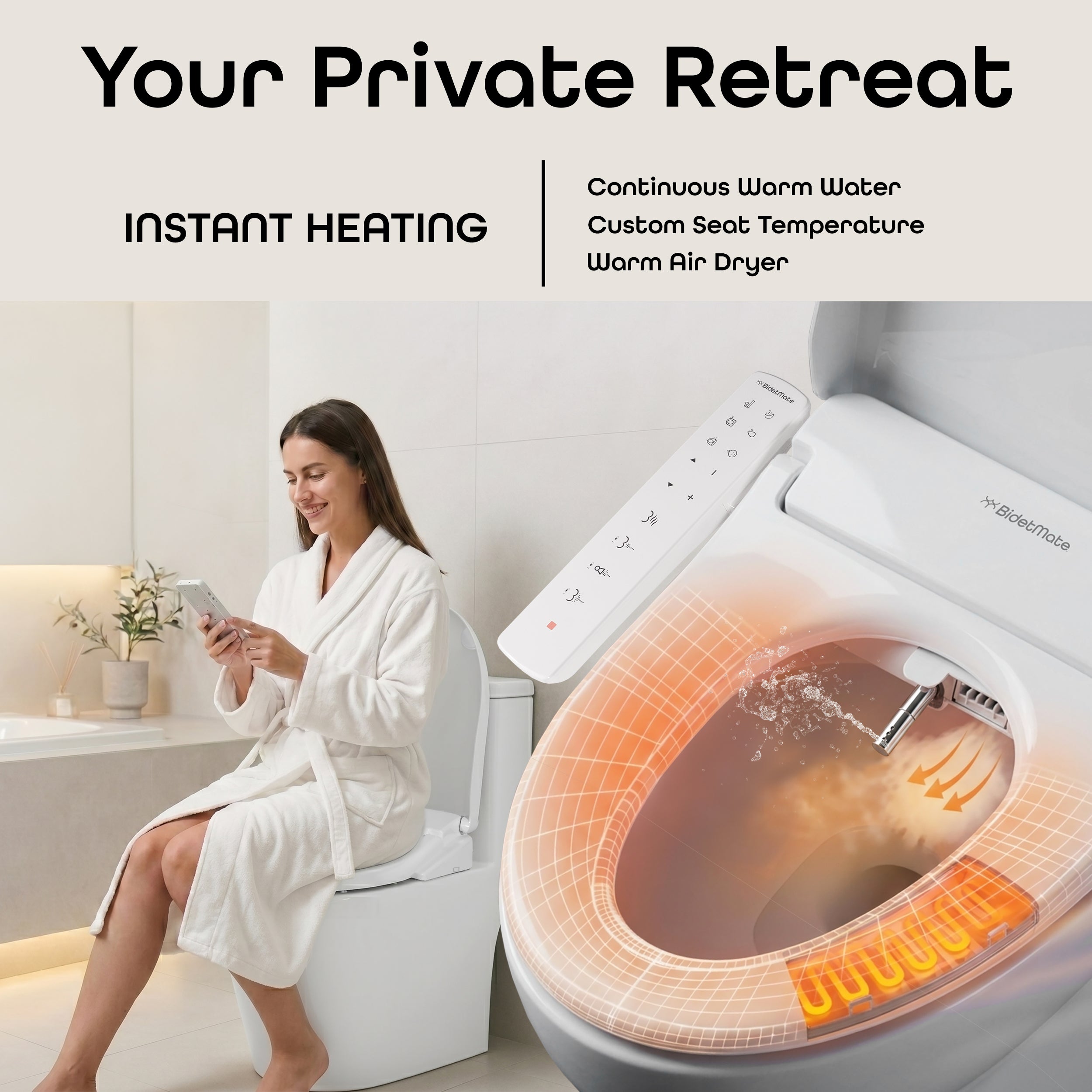 BidetMate 1500 Series electric bidet seat — instant heated water feature graphic