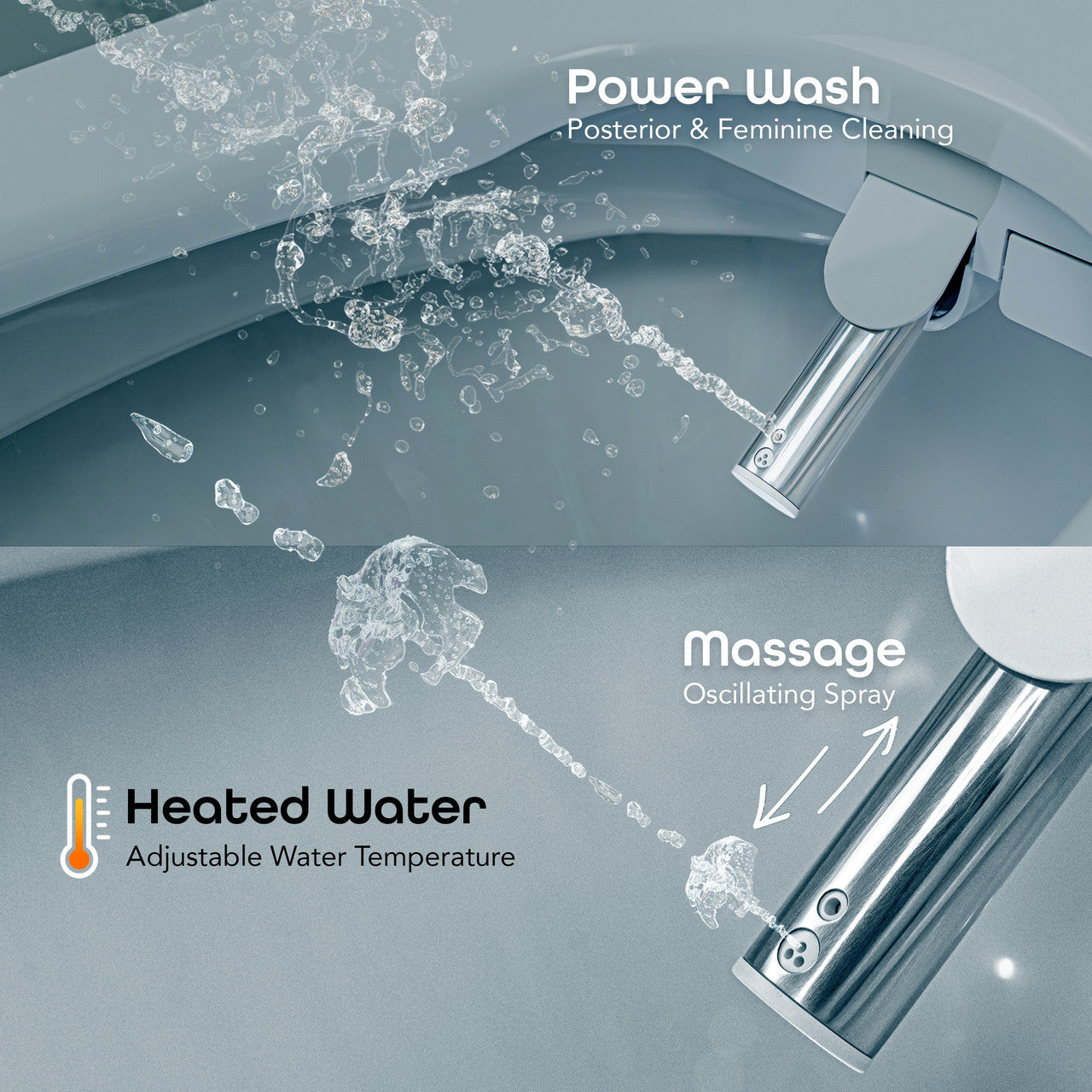 BidetMate 3500 Series electric bidet seat — self-cleaning nozzle and wash spray detail
