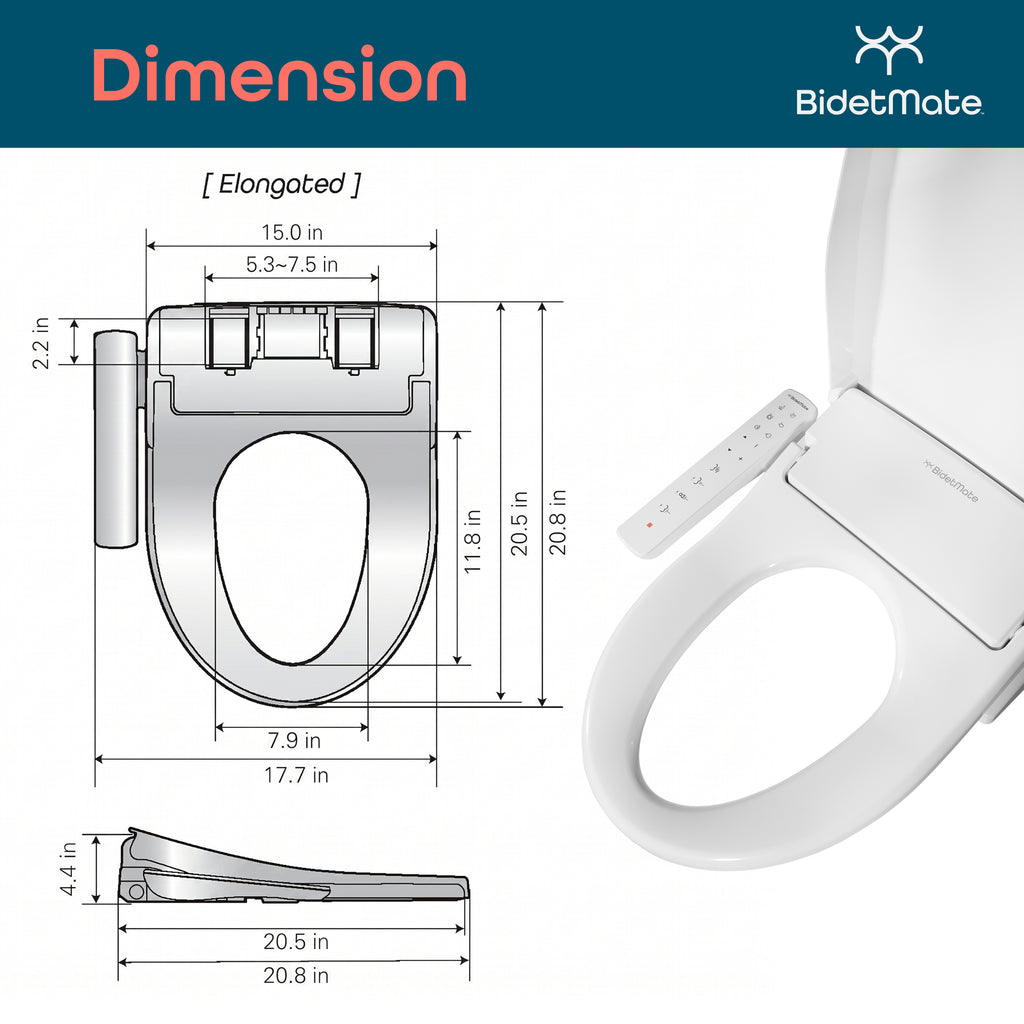 BidetMate 1500 Series electric bidet seat — dimensions and power cord length diagram