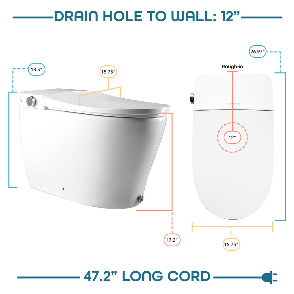 BidetMate 6000 Series integrated smart bidet toilet — dimensions and power cord length diagram