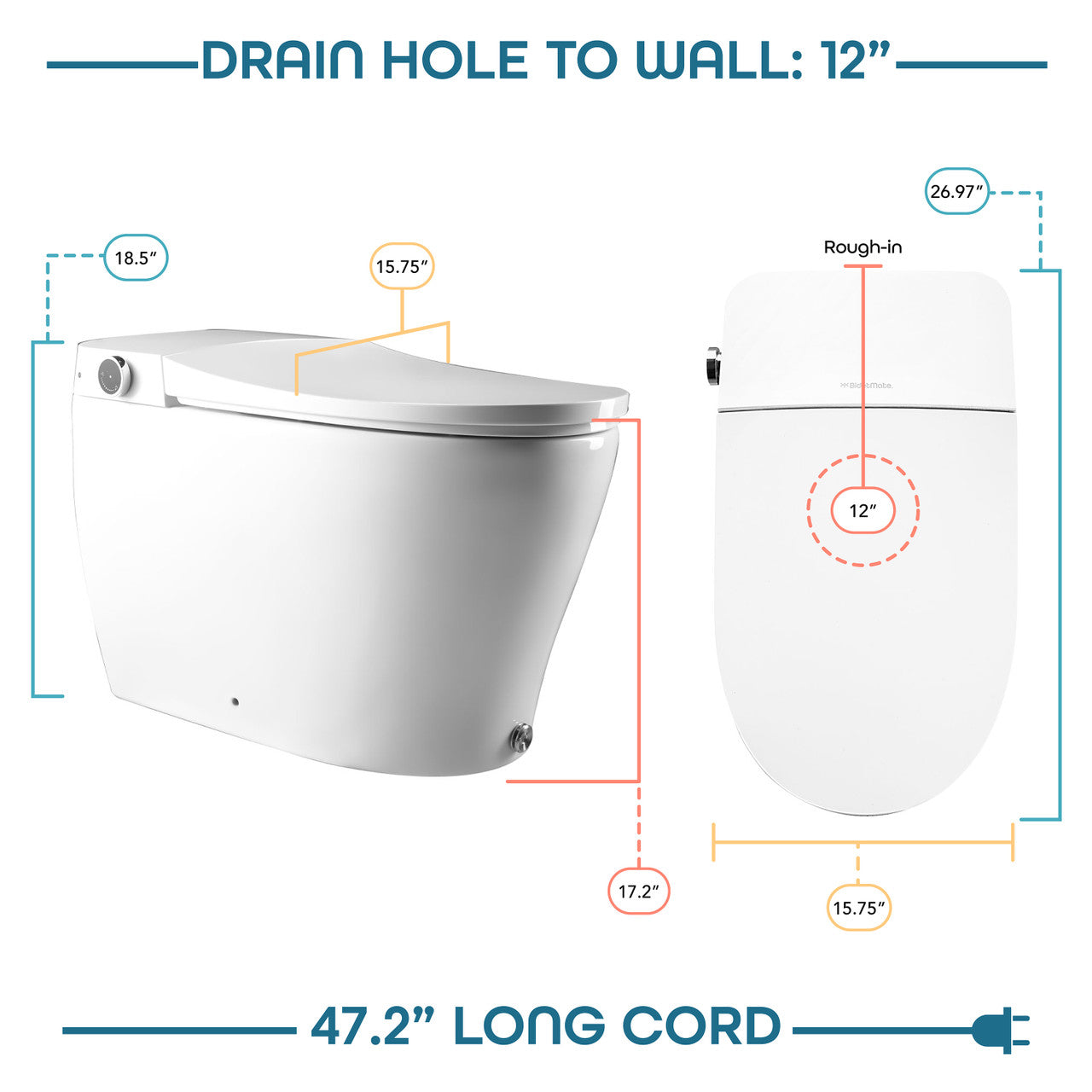 BidetMate 6000 Series integrated smart bidet toilet — dimensions and power cord length diagram