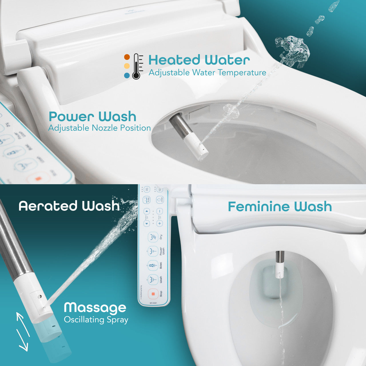 BidetMate 1000 Series electric bidet seat — wash setting options graphic