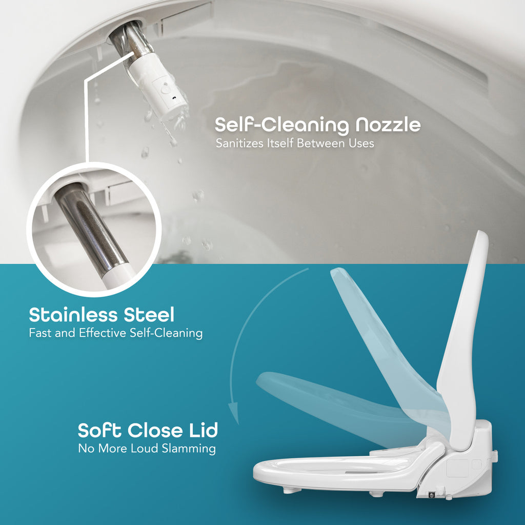 BidetMate 1000 Series electric bidet seat — self-cleaning nozzle and wash spray detail