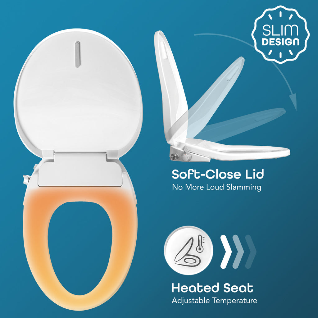 BidetMate 700 Series electric bidet seat — heated seat and soft-close lid detail