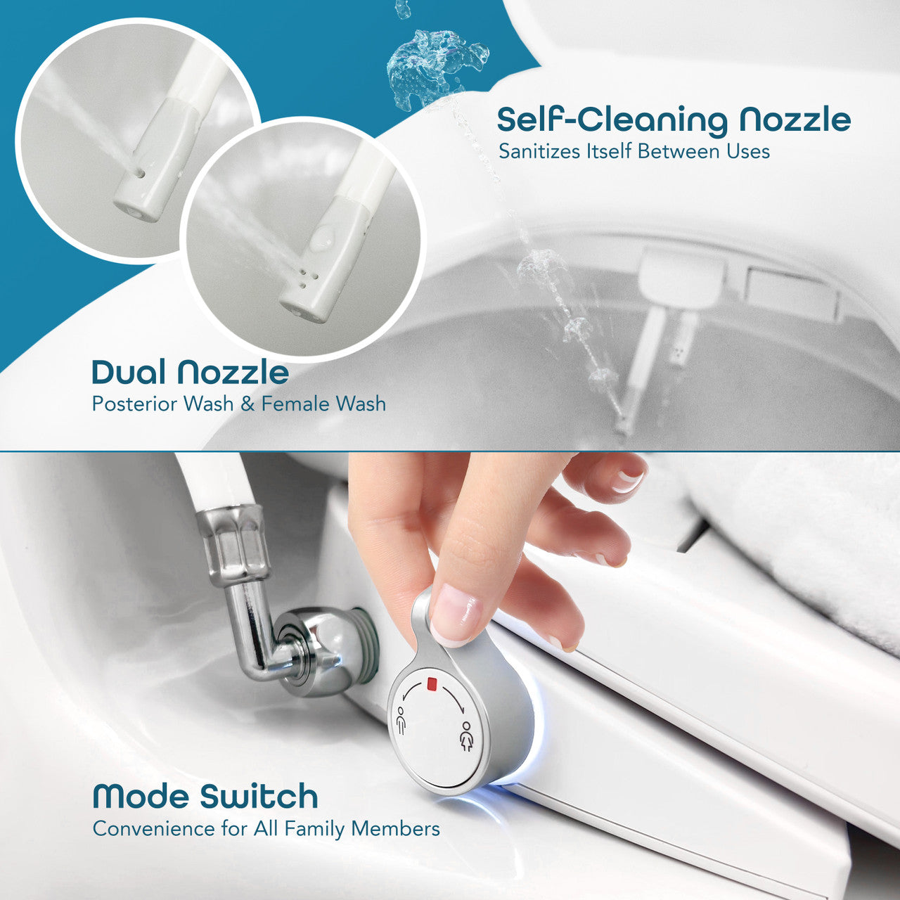 BidetMate 700 Series electric bidet seat — self-cleaning nozzle and wash spray detail