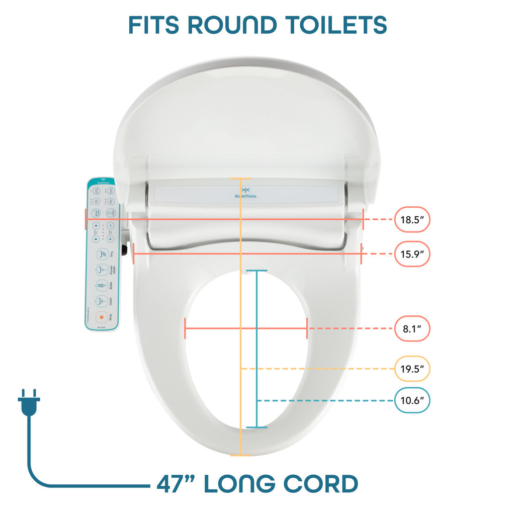 BidetMate 1000 Series electric bidet seat — dimensions and power cord length diagram (2)