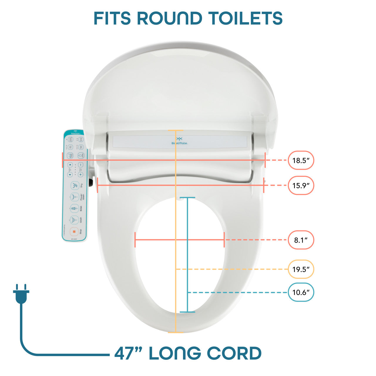 BidetMate 1000 Series electric bidet seat — dimensions and power cord length diagram (2)