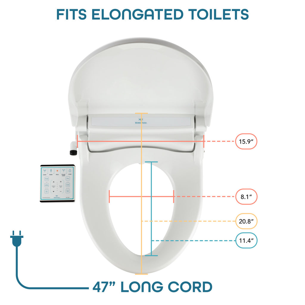 BidetMate 1000 Series electric bidet seat — dimensions and power cord length diagram (3)