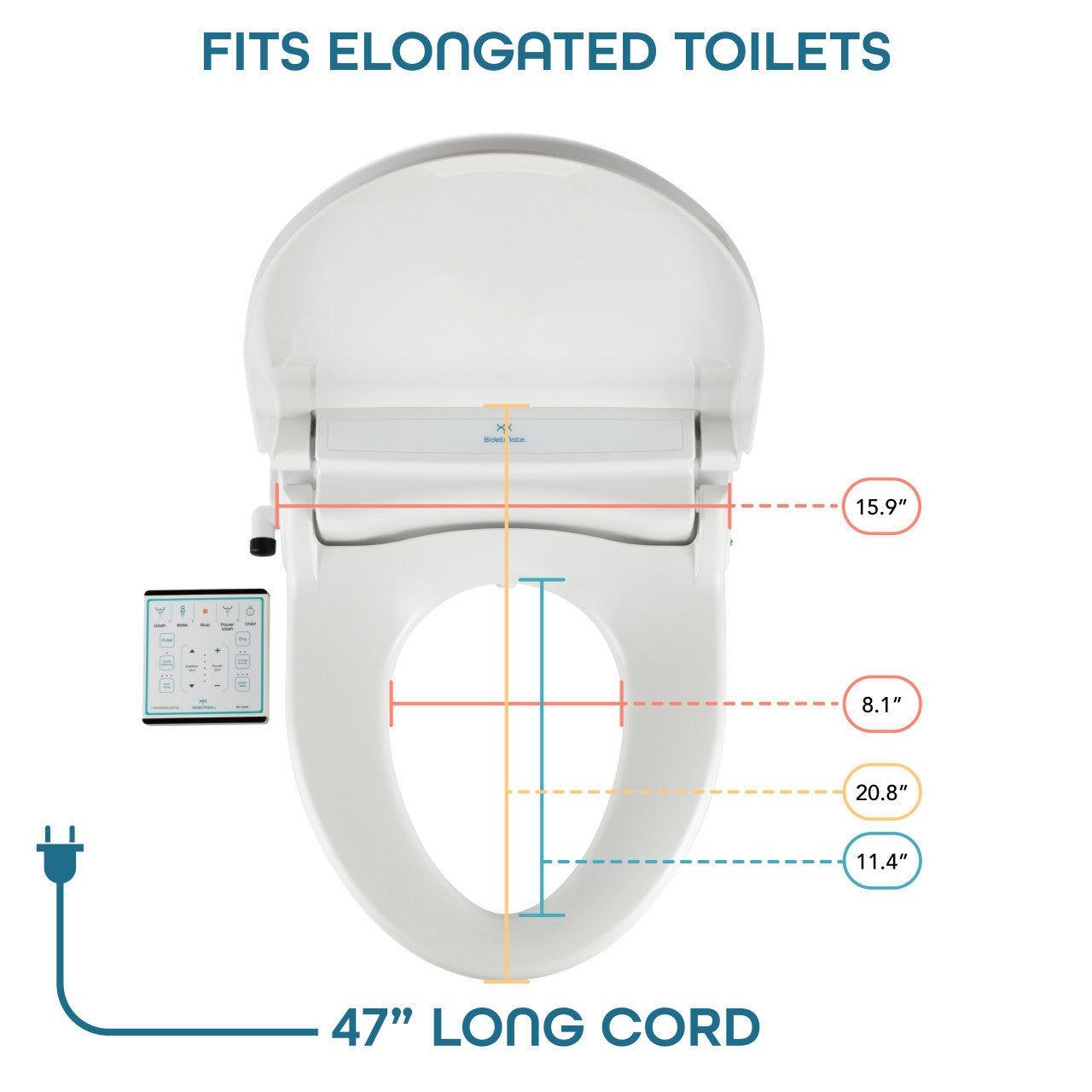 BidetMate 1000 Series electric bidet seat — dimensions and power cord length diagram (3)