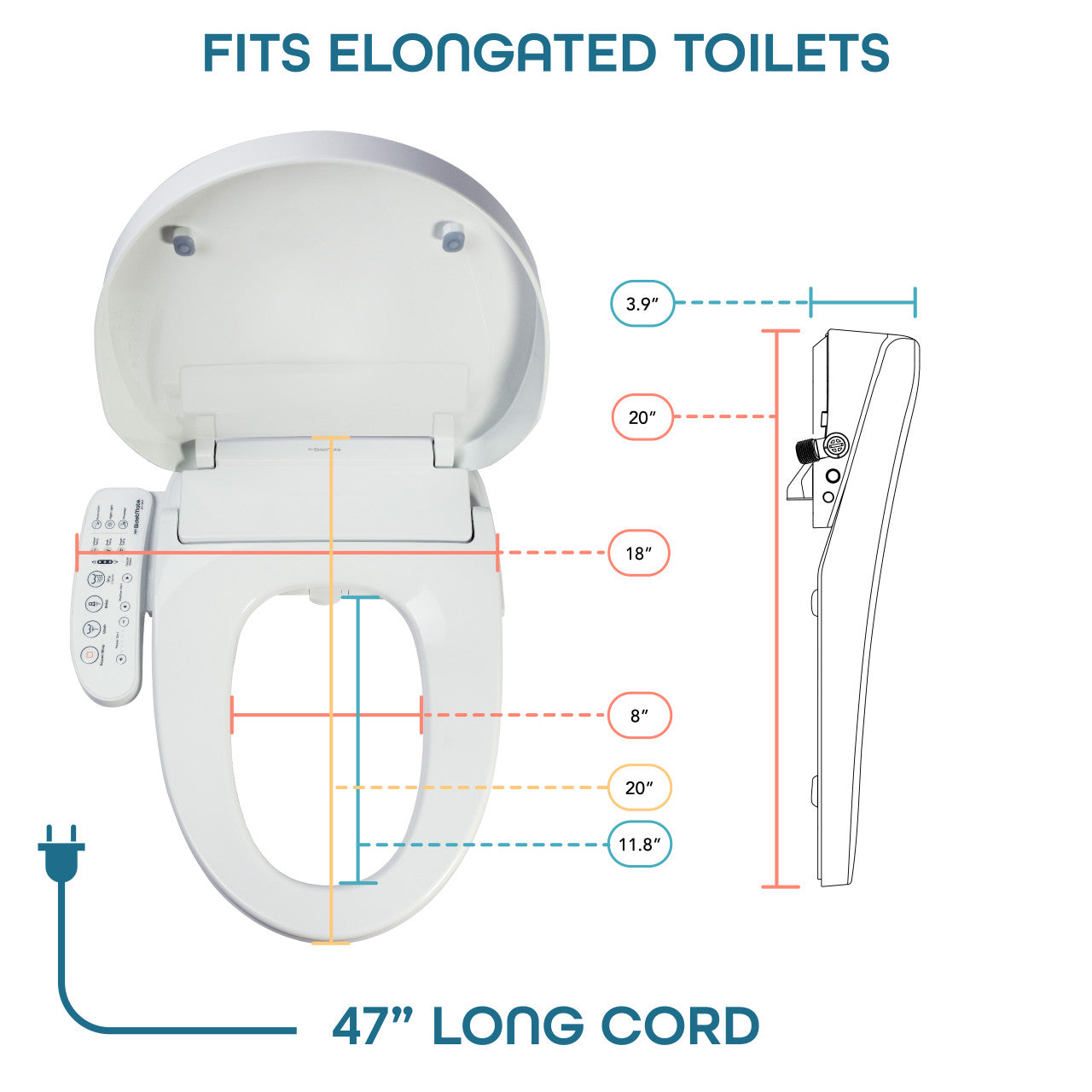 BidetMate 3000 Series electric bidet seat — dimensions and power cord length diagram