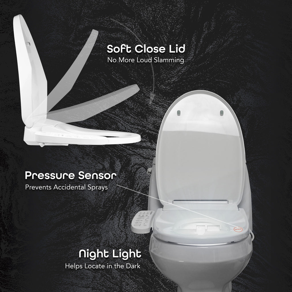 BidetMate 3000 Series electric bidet seat — heated seat and soft-close lid detail