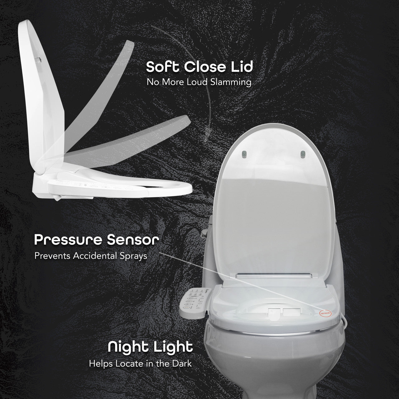BidetMate 3000 Series electric bidet seat — heated seat and soft-close lid detail