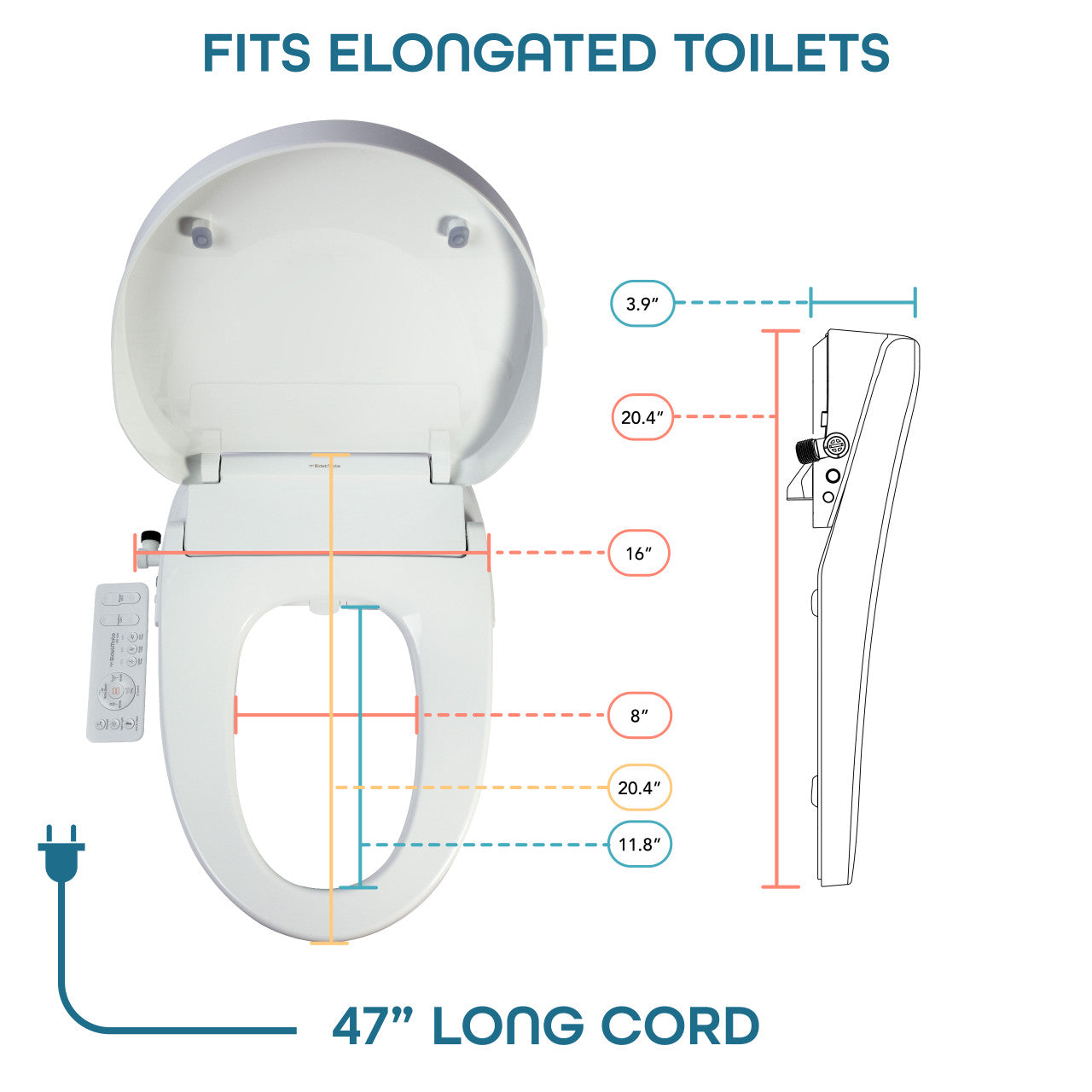 BidetMate 3000 Series electric bidet seat — dimensions and power cord length diagram (2)