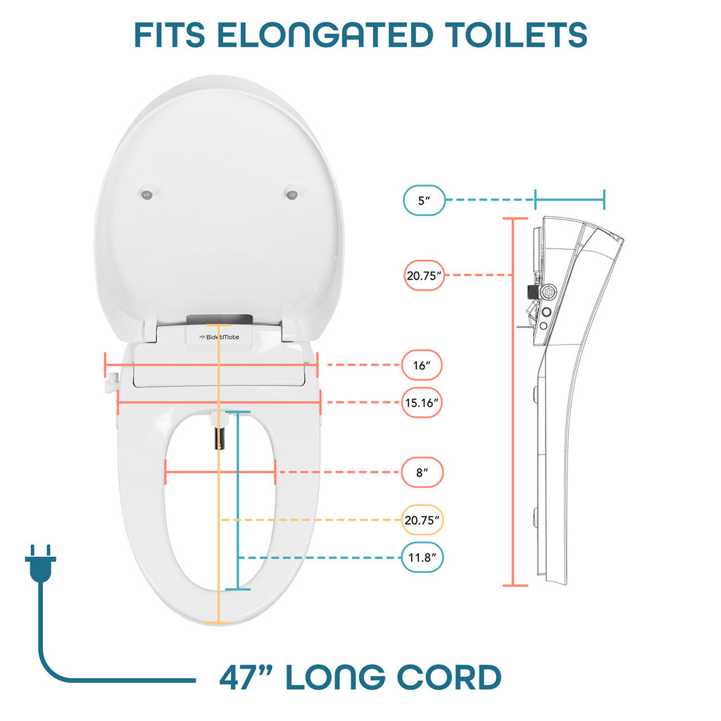 BidetMate 3500 Series electric bidet seat — dimensions and power cord length diagram