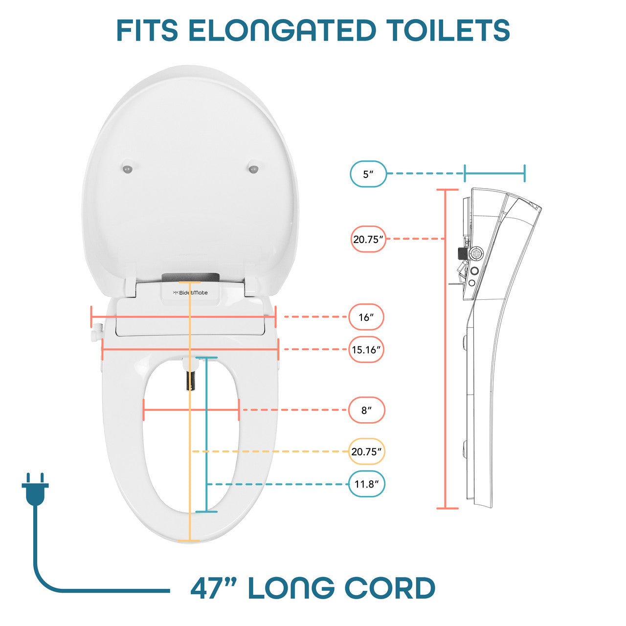 BidetMate 3500 Series electric bidet seat — dimensions and power cord length diagram