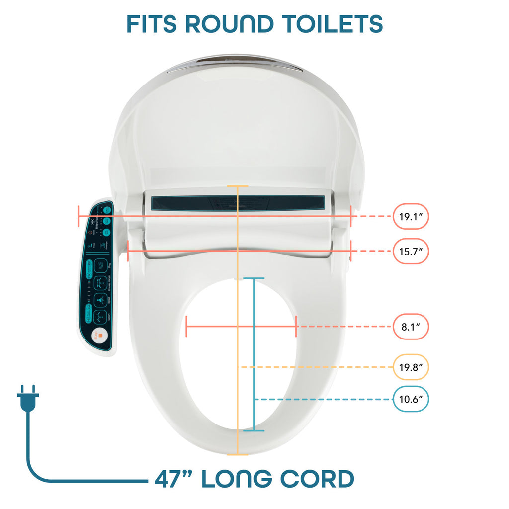 BidetMate 2000 Series electric bidet seat — dimensions and power cord length diagram (3)