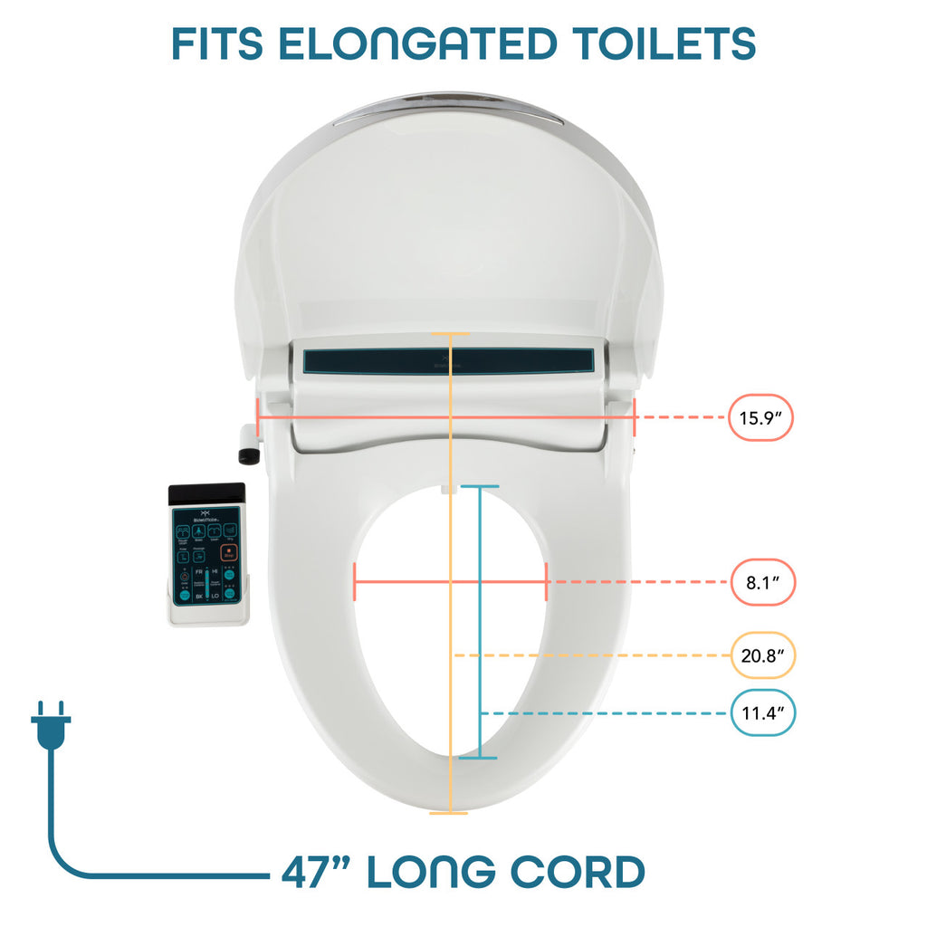 BidetMate 2000 Series electric bidet seat — dimensions and power cord length diagram (2)