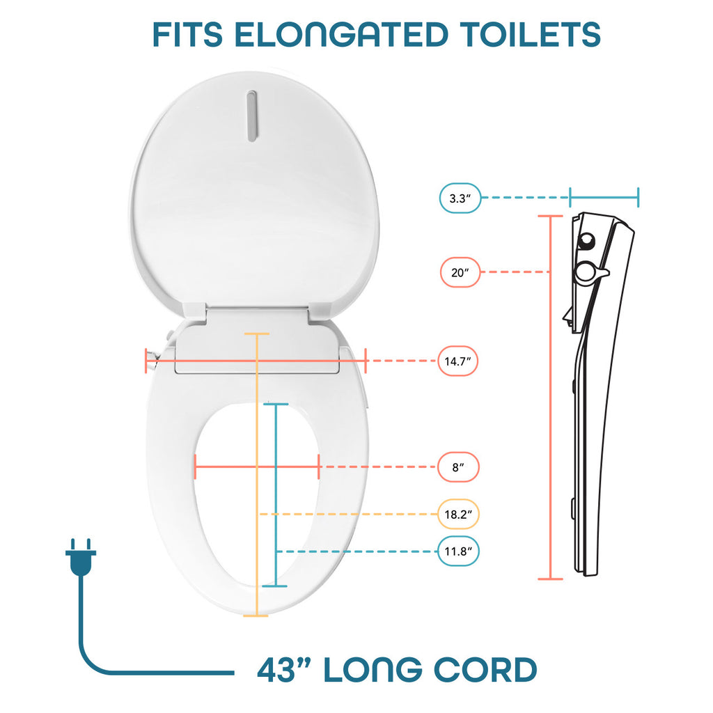 BidetMate 700 Series electric bidet seat — dimensions and power cord length diagram