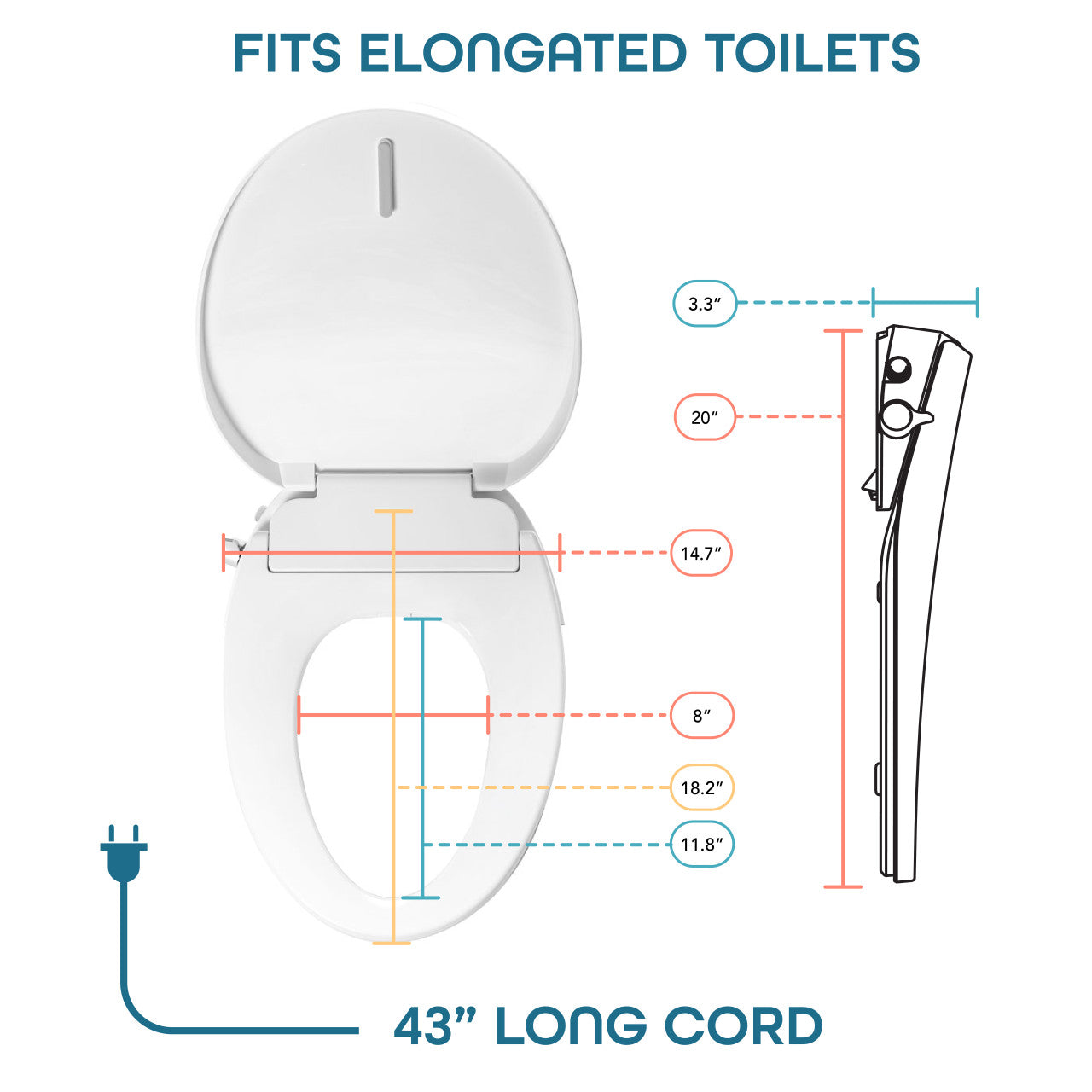 BidetMate 700 Series electric bidet seat — dimensions and power cord length diagram