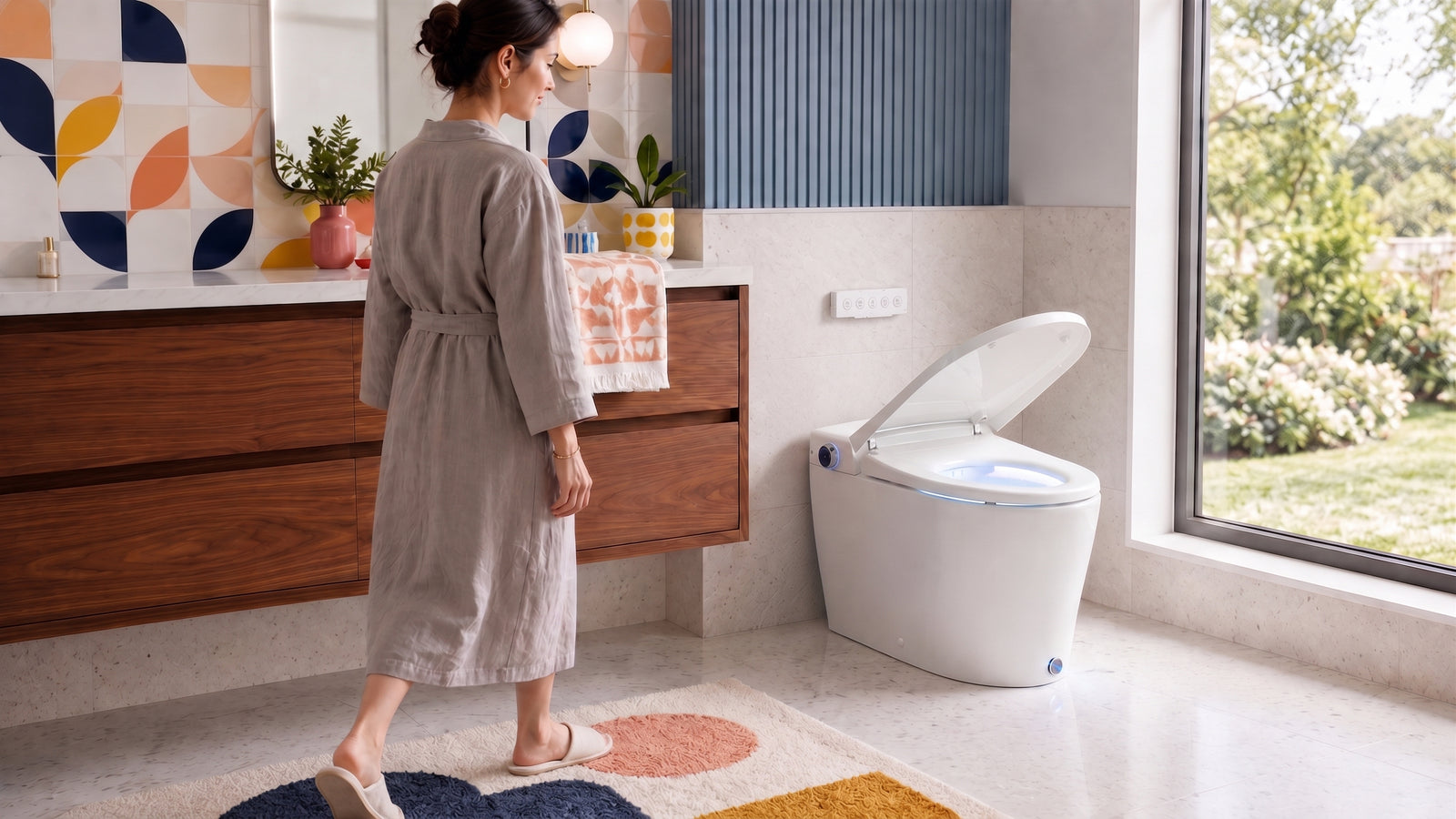 A woman in a robe stepping toward a BidetMate smart bidet toilet in a bright, modern bathroom