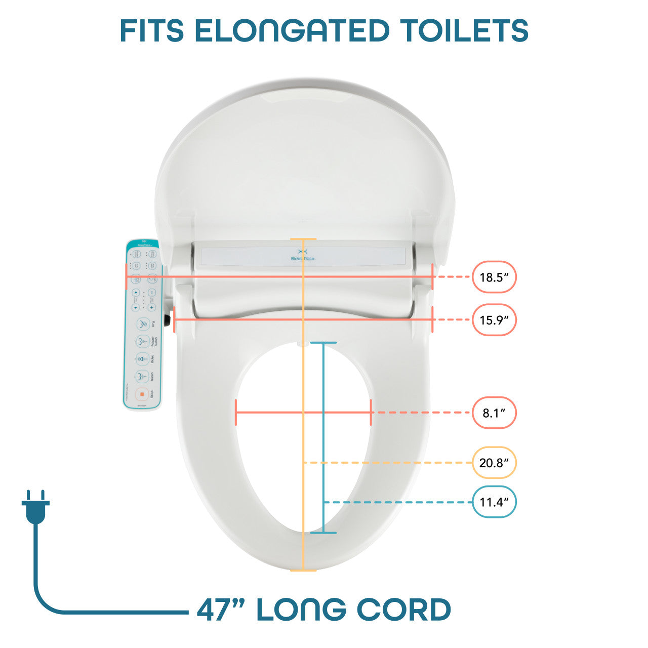 BidetMate 1000 Series electric bidet seat — dimensions and power cord length diagram