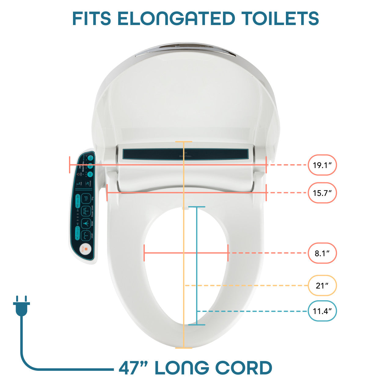 BidetMate 2000 Series electric bidet seat — dimensions and power cord length diagram